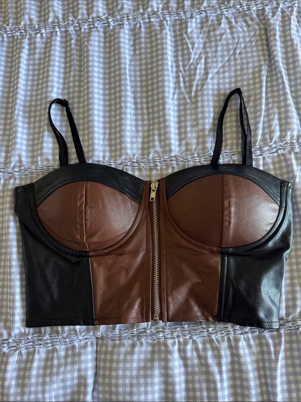 Black & Brown Faux Leather Zip-Front Crop Top